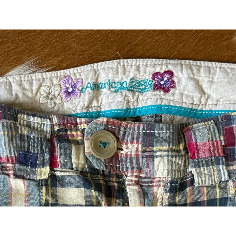 American Eagle Retro 90s Bermuda Shorts Plaid Patchwork Cargo Pink Blue 8 Y2K - Picture 3 of 12